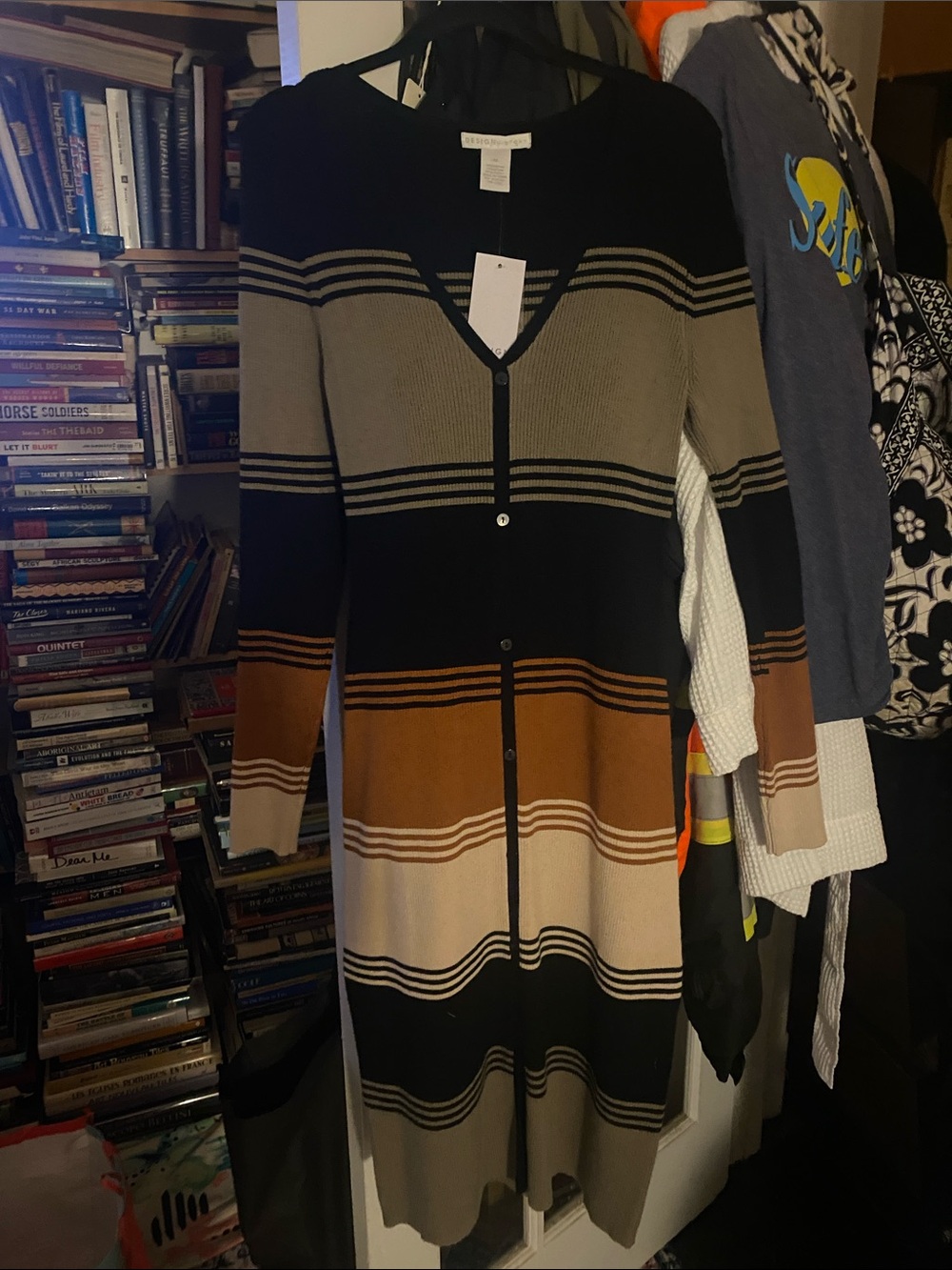 Design History Women's Striped Long Cardigan Dress - Black, Brown, Gray ~ M